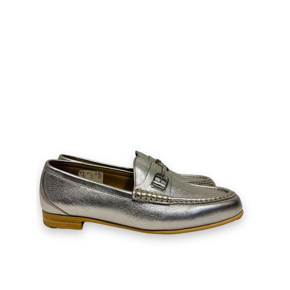 BALLY Silver Metallic Leather Manoela Buckle Accent Slip-On Loafers Flats 37 -7 - Picture 5 of 11